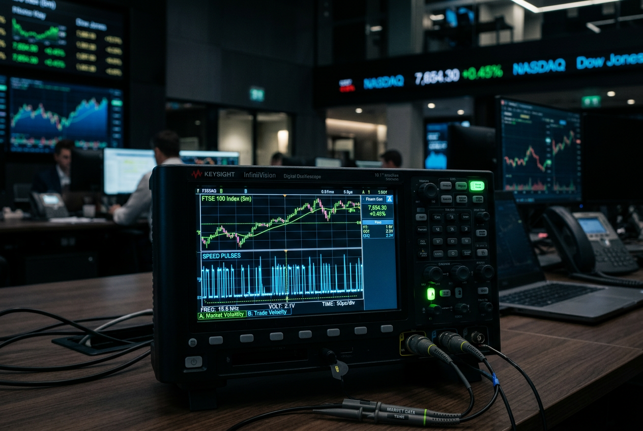 Digital oscilloscope showing financial transaction data waves