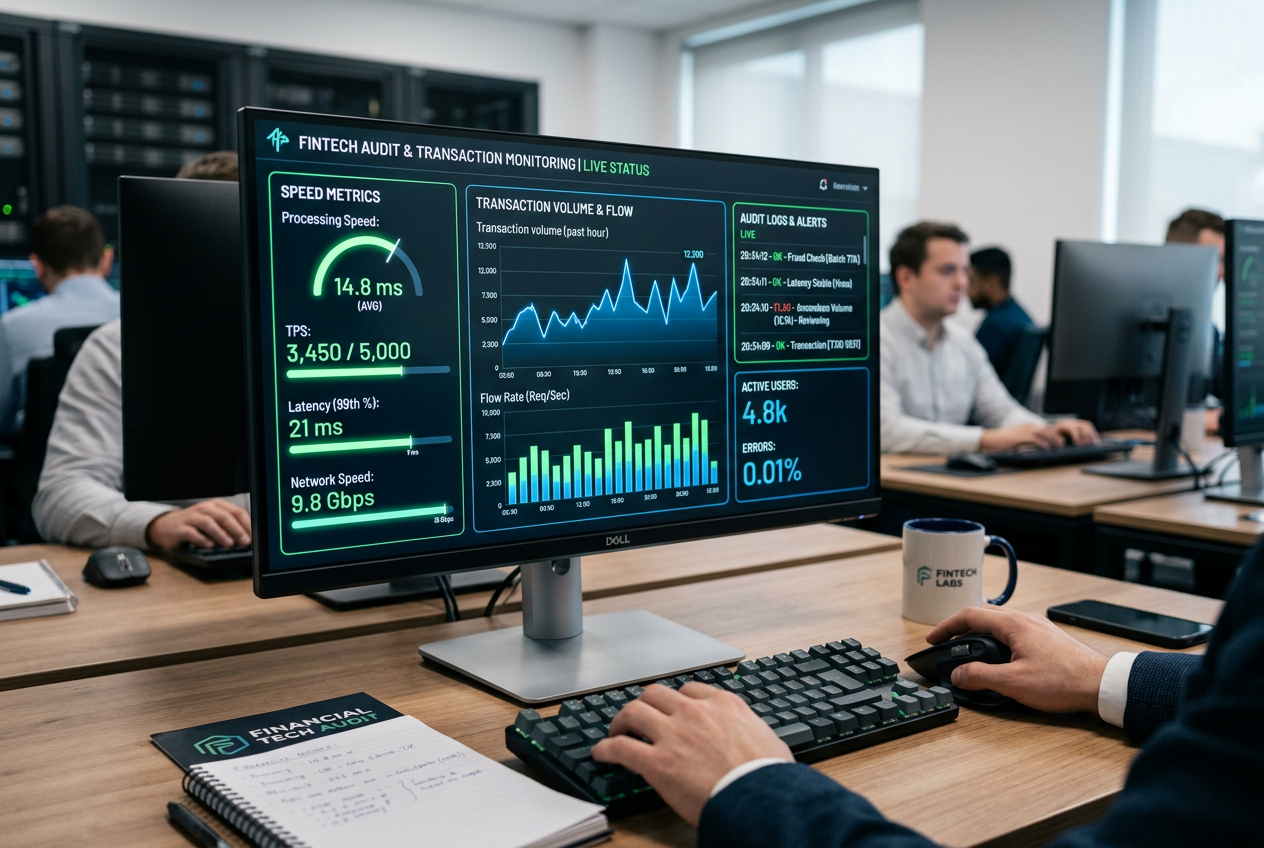 A professional setting showing a high-tech dashboard monitoring transaction speeds and financial data.