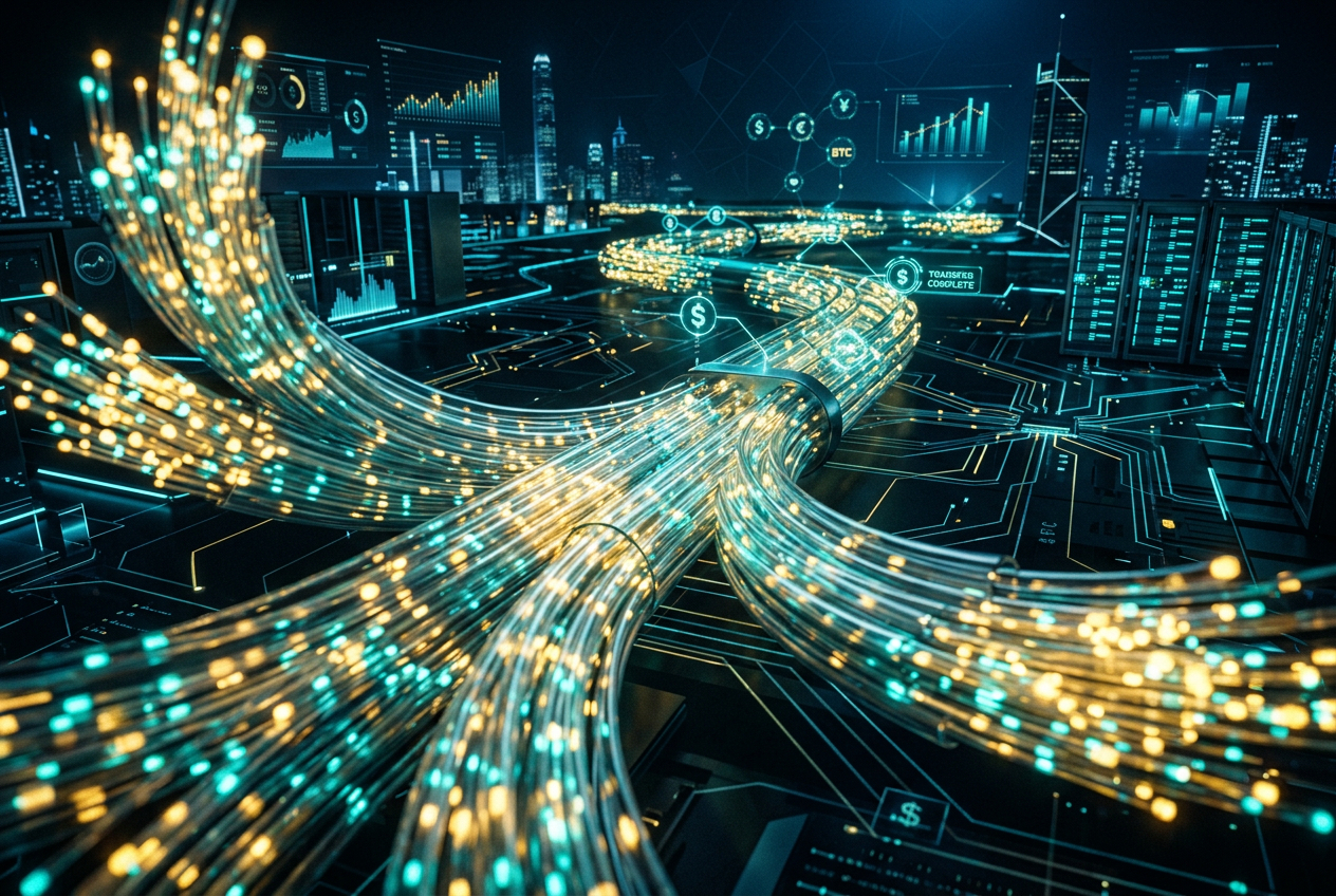 Conceptual visualization of instant money flow using energy metaphors.
